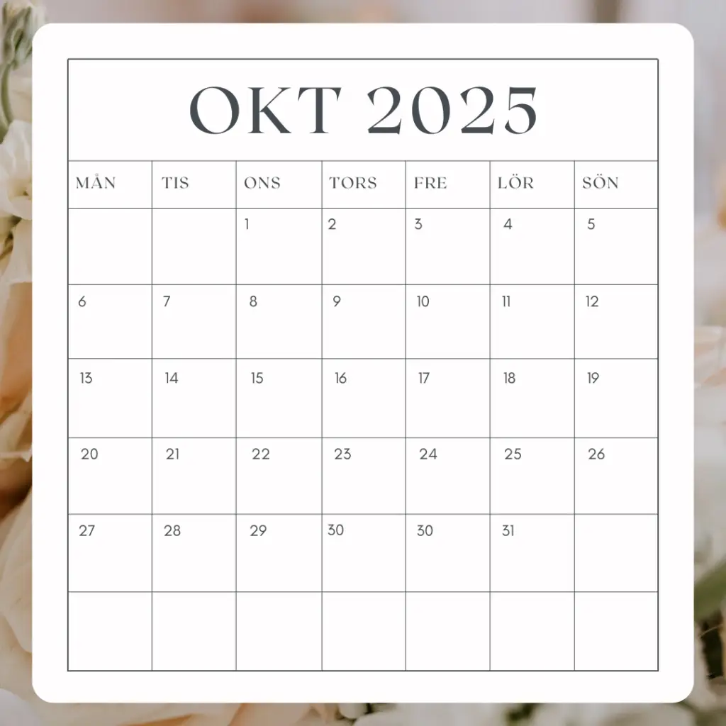 Kalender över oktober månad 2025