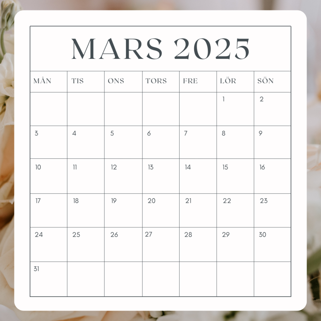 Kalender över mars månad 2025